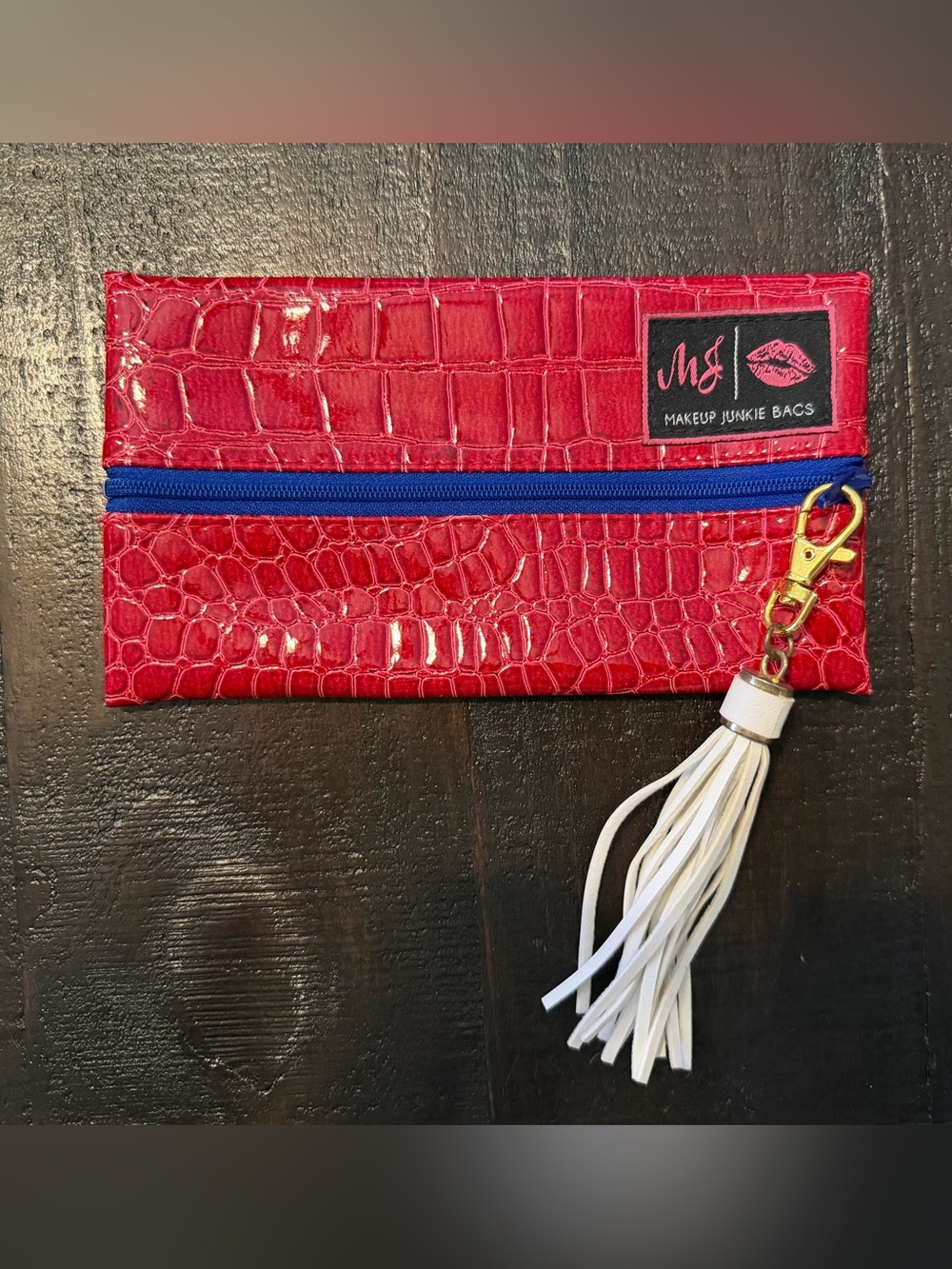 Makeup Junkie - Mini Red Croc-Embossed Wristlet with White Tassel